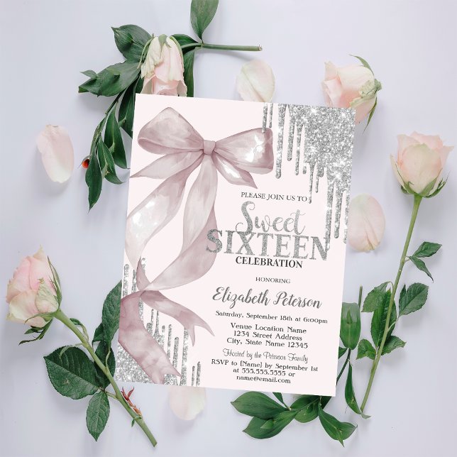 Akvarell Rosa Slinga Silverglitterdroppar Sweet 16 Inbjudningar (Skapare uppladdad)