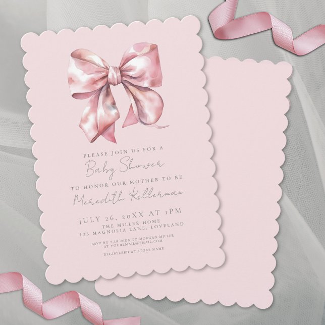 Akvarell Rosa Slöja Bebis Kalas Flickan Inbjudningar (Watercolor Pink Bow Baby Shower Girl Invitation)