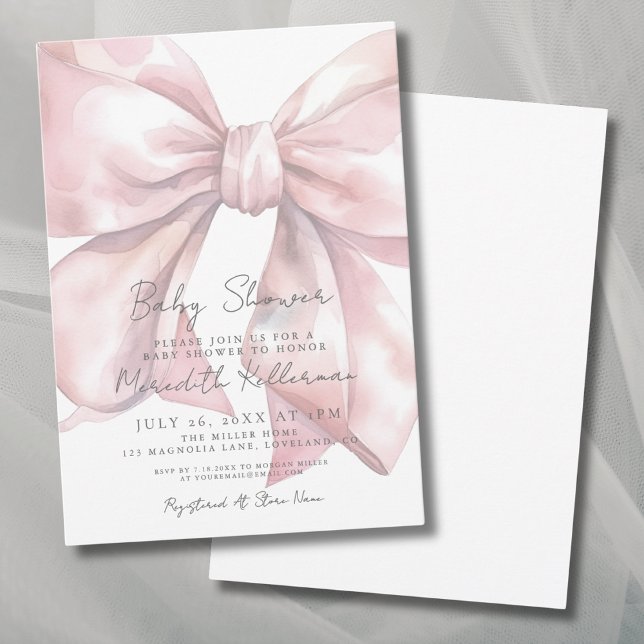 Akvarell Rosa Slöja Bebisens Första Steg Festlighe Inbjudningar (Watercolor Pink Bow Baby Shower Invitation)