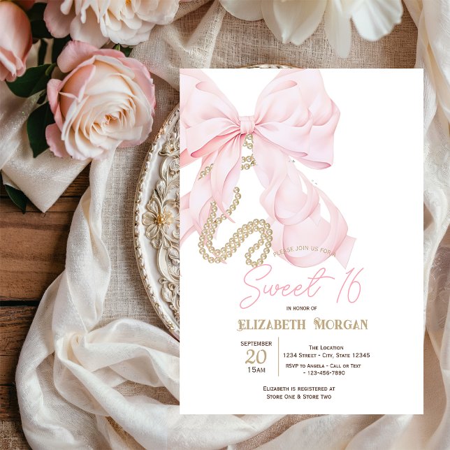 Akvarell Rosa Slöja Pärlor Prickar Sweet 16 Inbjudningar (Skapare uppladdad)