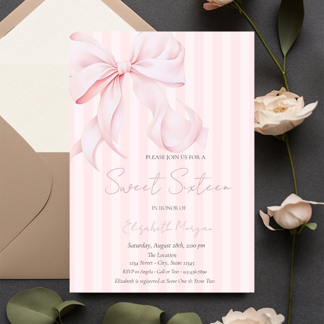Akvarell Rosa Slöja Rosa Ränder Sweet 16 Inbjudningar (Skapare uppladdad)