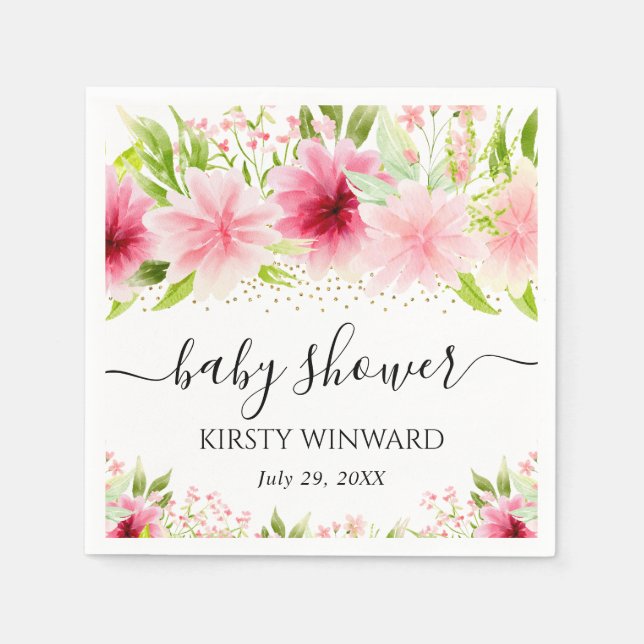 Akvarell Rosa Sommarblommor Baby Shower Pappersservett (Framsidan)