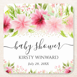Akvarell Rosa Sommarblommor Baby Shower Underlägg Papper Kvadrat