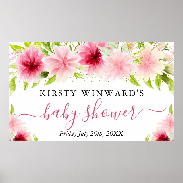 Akvarell Rosa Sommarblommor Baby Shower Välkommen Poster (Framsidan)