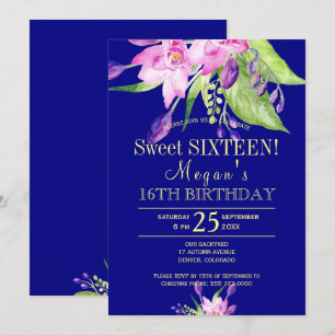 Akvarell rosablush marinblå blommig sweet sixteen inbjudningar