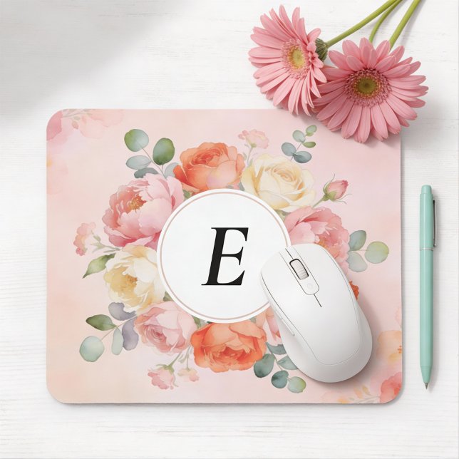 Akvarell Rosafärgade Peonies Monogrammerad Musmatt Musmatta (Skapare uppladdad)