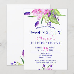 Akvarell rosaröd marinblå blommig sweet sixteen inbjudningar