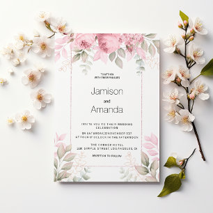 Akvarell rosé mint vit blomsterbröllop inbjudningar