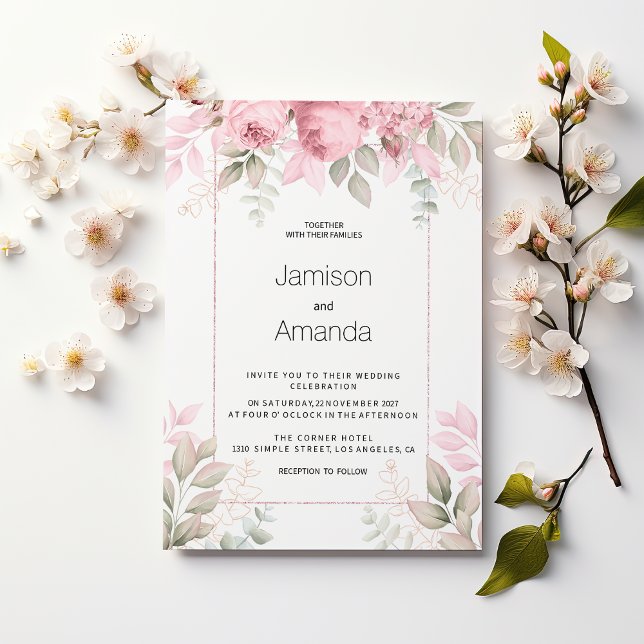 Akvarell rosé mint vit blomsterbröllop inbjudningar (Watercolor blush pink mint white floral Wedding)