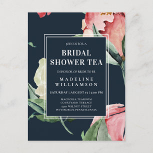 Akvarell Rosé Navy Blommig Bröllopsdusch Tea Vykort