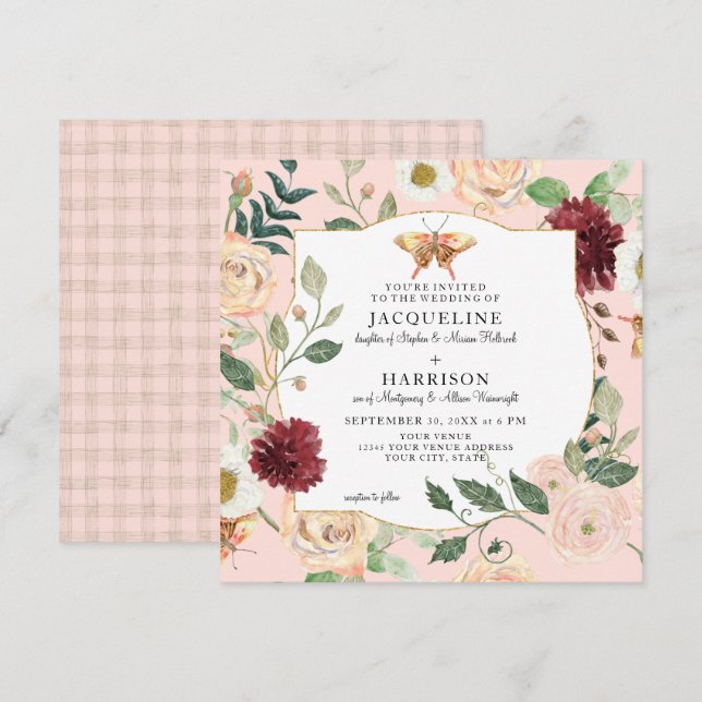 Akvarell Rosé Rosa Blommig Korallros Fjäril Inbjudningar (Fram/baksida)