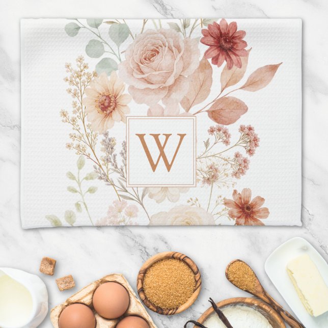 Akvarell Rosengårdsmonogram Blommig Kökshandduk (Skapare uppladdad)