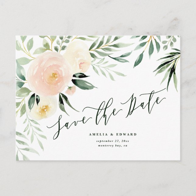 akvarell rosenskiftande persiko blommor & blad Brö Meddelande Vykort (Framsida)