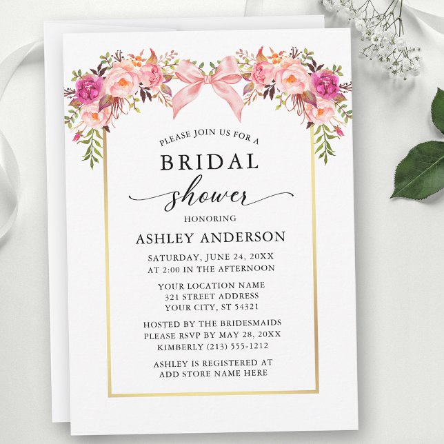 Akvarell Rosor Blommig Bröllopsdusch Rosa Slöja Inbjudningar (Customize to add text to back of card.)