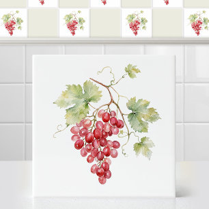 Akvarell Ruby Röd Champagne Druv Vinblad Kakelplatta