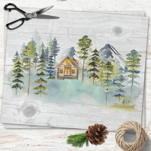 Akvarell Rustik Dim Skog Stuga Berg Presentpapper