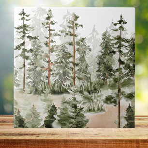 Akvarell Rustik Grön Skog Kakelplatta