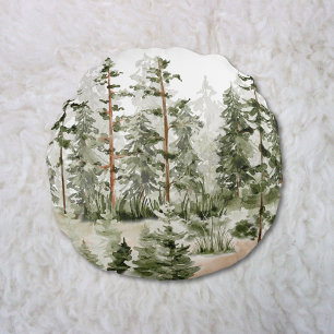 Akvarell Rustik Grön Skog Rund Kudde