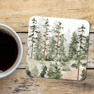 Akvarell Rustik Grön Skog Underlägg Papper Kvadrat