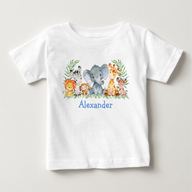 Akvarell Safari Baby Djur Blå Elefant T Shirt (Framsida)