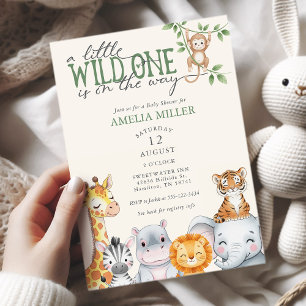 Akvarell Safari Djur i Djungeln Baby Shower Inbjudningar