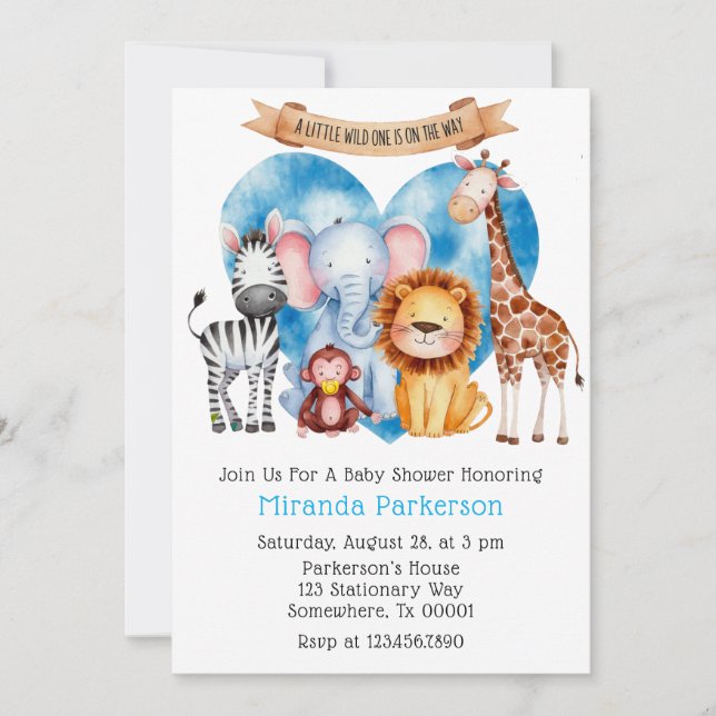 Akvarell Safari Djur Pojke Baby Shower Inbjudningar (Framsida)