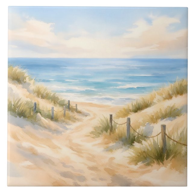 Akvarell Sandy Strand och Ocean Illustration  Kakelplatta (Framsidan)