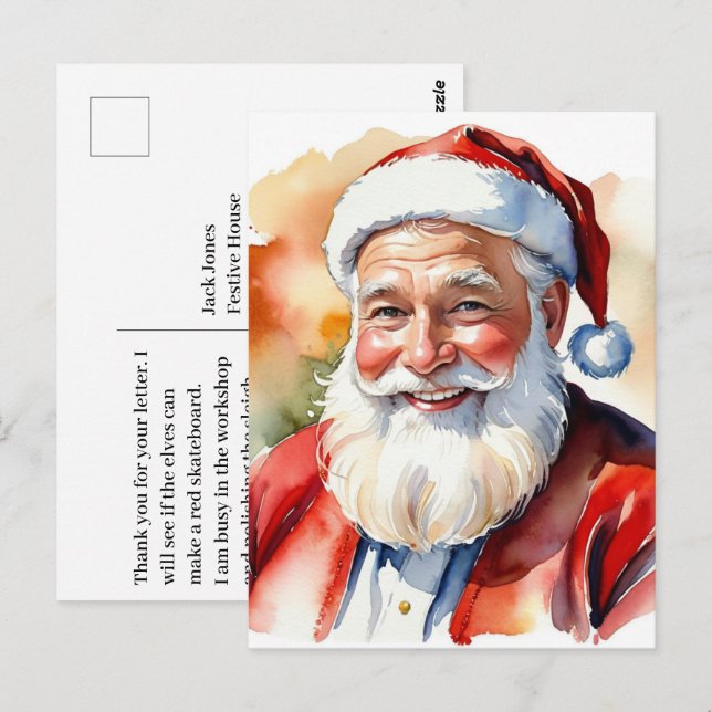 Akvarell Santa julbild Vykort (Fram/baksida)