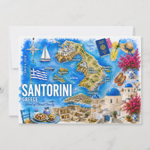Akvarell Santorini Grekland Oia Landmärke Karta Inbjudningar