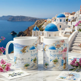 Akvarell Santorini Grekland Personligt Namn Presen Kaffemugg
