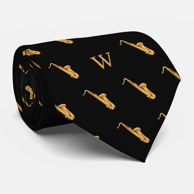 Akvarell Saxofon Jazzmusik Monogram Svart Slips (Rullad)