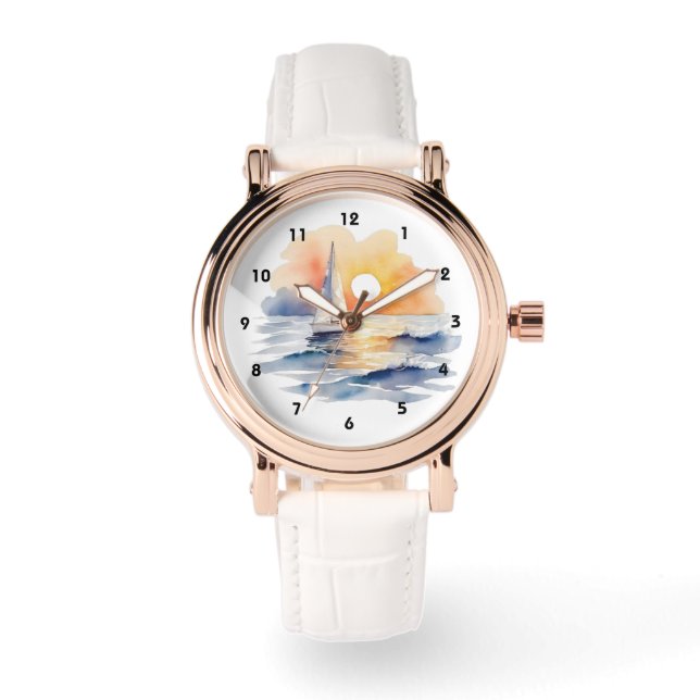 Akvarell Segelbåt Marin Solnedgång Ocean Armbandsur (Framsida)