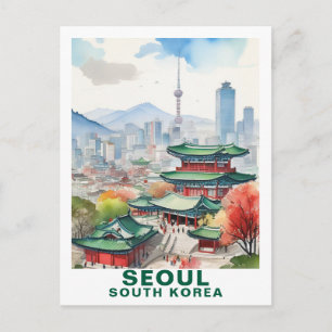 Akvarell Seoul, Sydkorea Resekonst Vykort