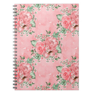 Akvarell Shabby Chic Rosa Rosor och Prickar Anteckningsbok