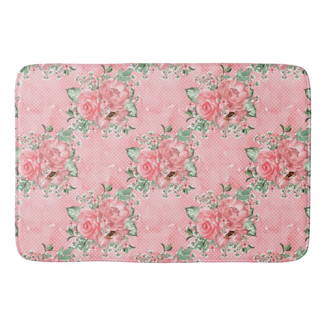 Akvarell Shabby Chic Rosa Rosor och Prickar Badrumsmatta (Framsidan)