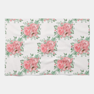Akvarell Shabby Chic Rosa Rosor och Prickar Kökshandduk