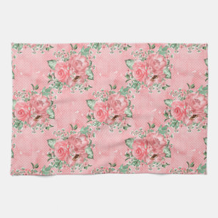 Akvarell Shabby Chic Rosa Rosor och Prickar Kökshandduk