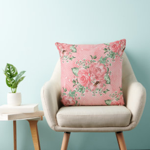 Akvarell Shabby Chic Rosa Rosor och Prickar Kudde