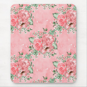 Akvarell Shabby Chic Rosa Rosor och Prickar Musmatta