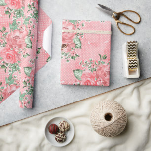 Akvarell Shabby Chic Rosa Rosor och Prickar Presentpapper