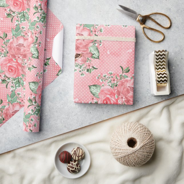 Akvarell Shabby Chic Rosa Rosor och Prickar Presentpapper (Hantverk)