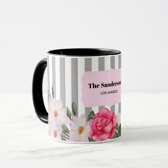 Akvarell Skär Rosa Vita Rosor Grå Ränder Mugg (Framsida vänster)