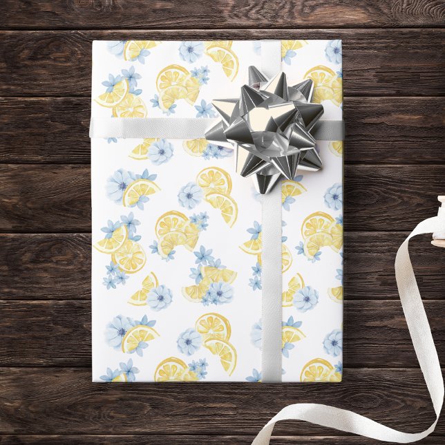 Akvarell Skivade Citroner och Blommor Presentpapper (Watercolor Lemon & Blue Flower Gift Wrap for Baby Shower, Birthday or Main Squeeze Bridal Shower)