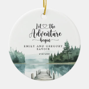 Akvarell Skog Berg Sjö Bröllopssymbol Julgransprydnad Keramik