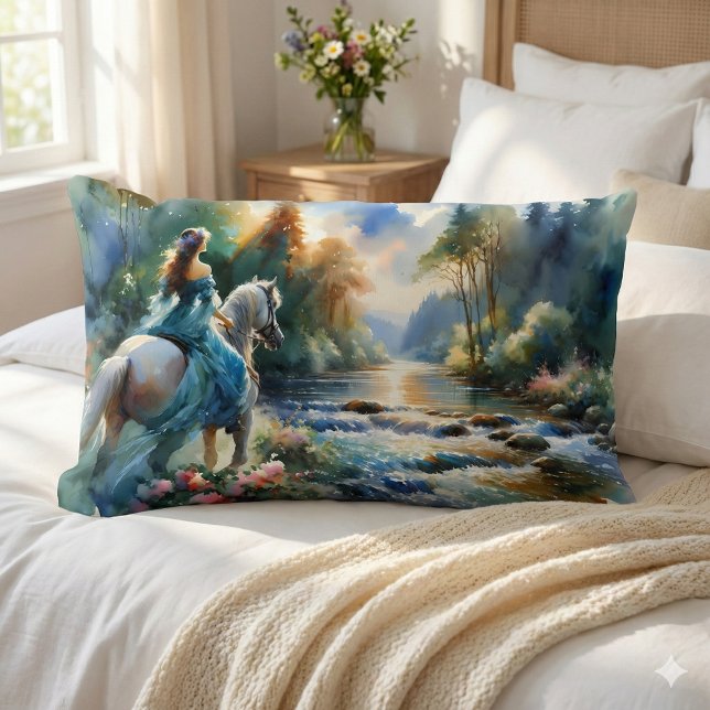 Akvarell Skog Flod Ryttarinna Drömlandskap Lumbarkudde (Watercolor Forest River Horsewoman Dreamscape Lumbar Pillow Mockup a)