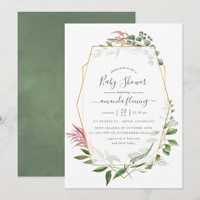 Akvarell Skog Herbaria Geometrisk Baby Shower Inbjudningar (Fram/baksida)