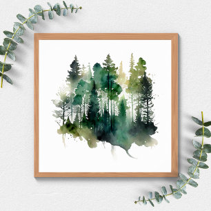 Akvarell Skog Träd Natur Grön Bruna Poster
