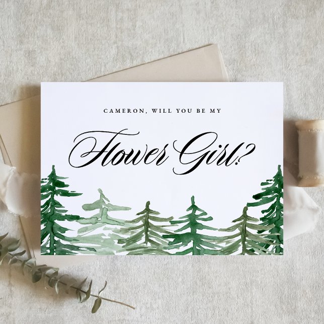 Akvarell Skog Vill Du Vara Min Blomsterflicka Inbjudan Vykort (Customizable woodland Will You Be My Flower Girl card featuring watercolor enchanted forest.)