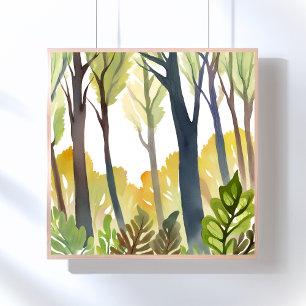 Akvarell Skogar Grön Natur Skogs Målning Poster