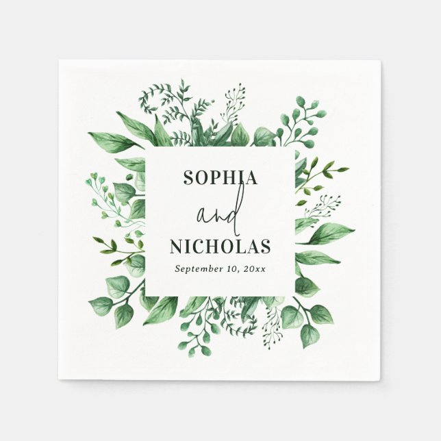 Akvarell skogs botaniska grönska bröllop pappersservett (Framsidan)